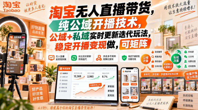 淘宝无人直播带货，纯公域开播技术，公域+私域实时更新迭代玩法，稳定开播变现做，可矩阵【揭秘】-资源后花园
