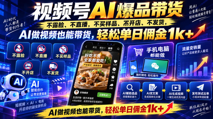 视频号Ai爆品带货，不露脸、不直播、不买样品、不开店、不发货，AI做视频也能带货，轻松单日佣金1k+-资源后花园
