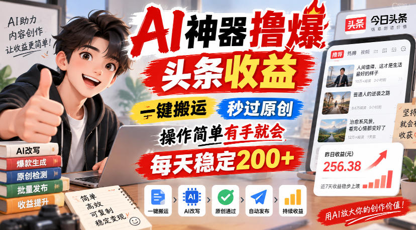 AI神器撸爆头条收益，一键搬运，秒过原创，操作简单有手就会，每天稳定200+【揭秘】-资源后花园