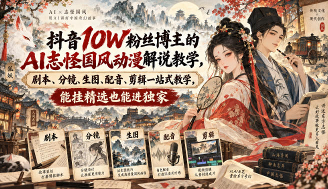 抖音10W粉丝博主满堂诡事的AI志怪国风动漫解说教学，剧本、分镜、生图、配音、剪辑一站式教学，能挂精选也能进独家​-资源后花园