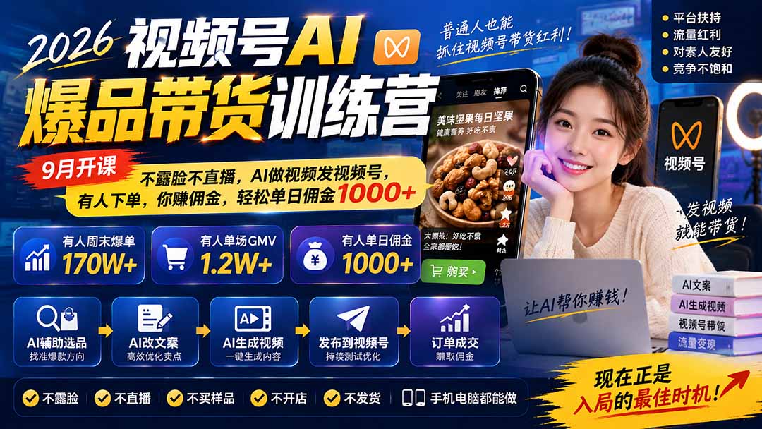 2026视频号AI爆品带货训练营-9月开课｜不露脸不直播，AI做视频发视频号，有人下单，你赚佣金，轻松单日佣金1000+-资源后花园