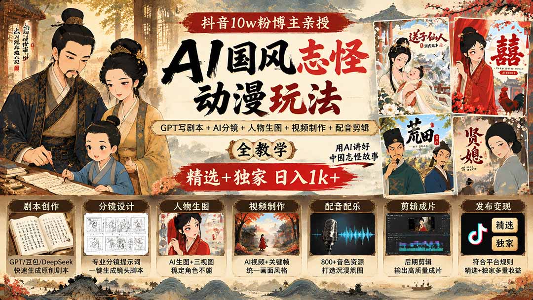 抖音10w粉博主亲授AI国风志怪动漫玩法｜GPT写剧本+AI分镜+人物生图+视频制作+配音剪辑全教学｜精选+独家日入1k+-资源后花园