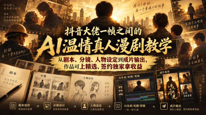 抖音大佬一帧之间的AI温情真人漫剧教学，从剧本、分镜、人物设定到成片输出，作品可上精选、签约独家拿收益-资源后花园