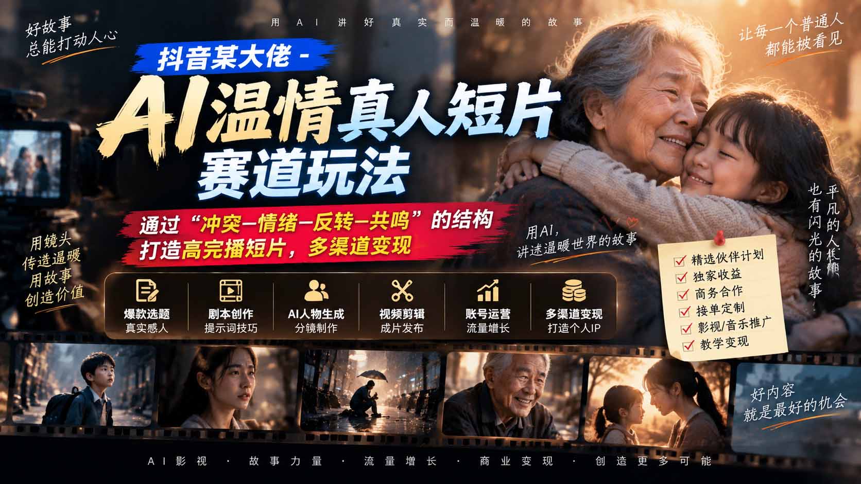 抖音某大佬-AI温情真人短片赛道玩法：通过“冲突—情绪—反转—共鸣”的结构打造高完播短片，多渠道变现-资源后花园