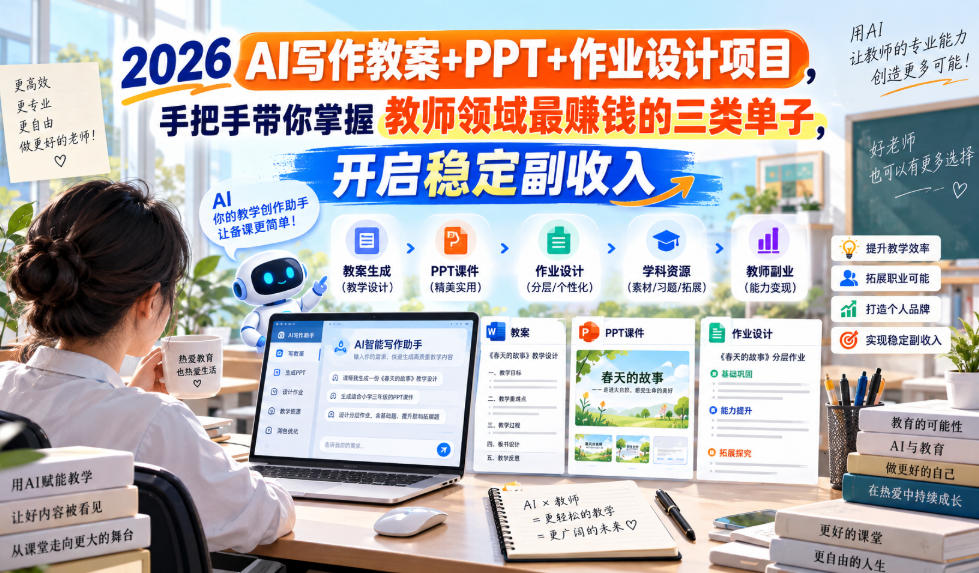 2026 AI写作教案+PPT+作业设计项目，手把手带你掌握教师领域最賺钱的三类单子，开启稳定副收入-资源后花园