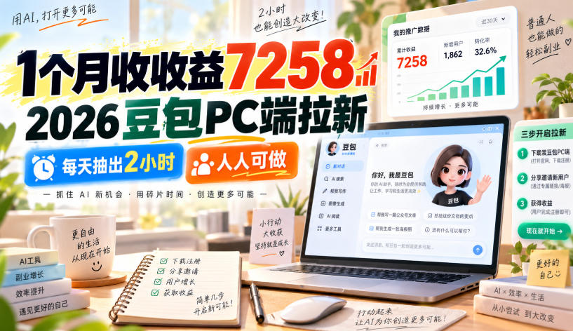 1个月收收益7258，2026豆包PC端拉新，每天抽出2小时，人人可做-资源后花园