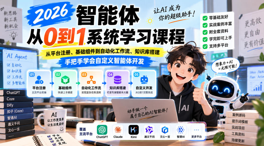 2026智能体从0到1系统学习课程，从平台注册、基础组件到自动化工作流、知识库搭建，手把手学会自定义智能体开发-资源后花园