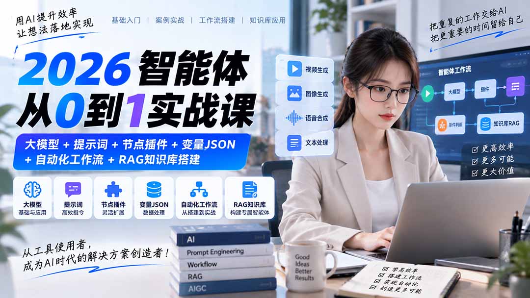 2026智能体从0到1实战课｜大模型+提示词+节点插件+变量JSON+自动化工作流+RAG知识库搭建-资源后花园