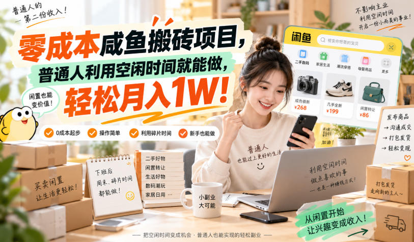 零成本咸鱼搬砖项目，普通人利用空闲时间就能做，轻松月入1W！【揭秘】-资源后花园