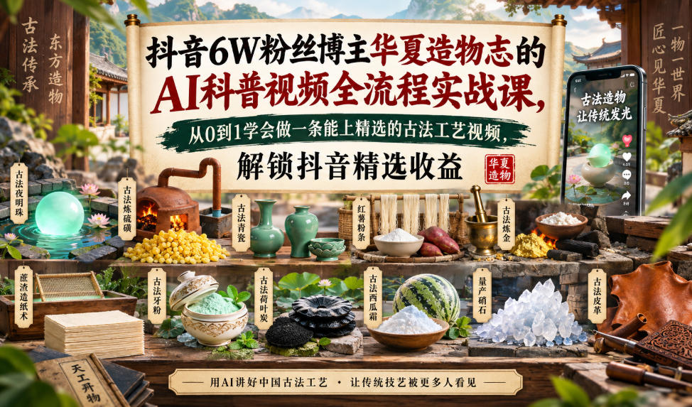 抖音6W粉丝博主华夏造物志的AI科普视频全流程实战课，从0到1学会做一条能上精选的古法工艺视频，解锁抖音精选收益-资源后花园
