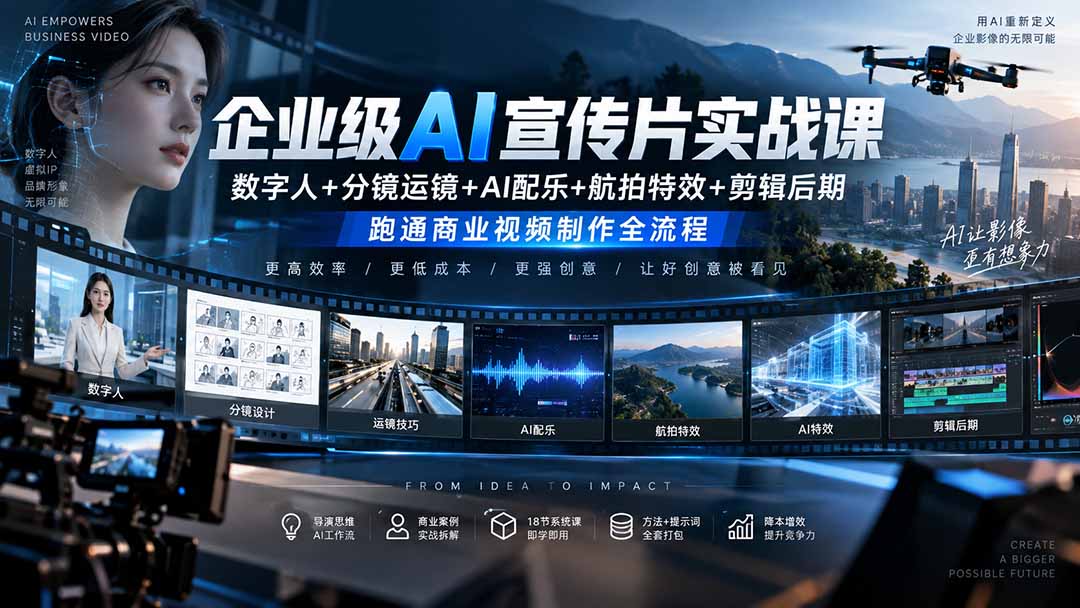 企业级AI宣传片实战课｜数字人+分镜运镜+AI配乐+航拍特效+剪辑后期，跑通商业视频制作全流程-资源后花园