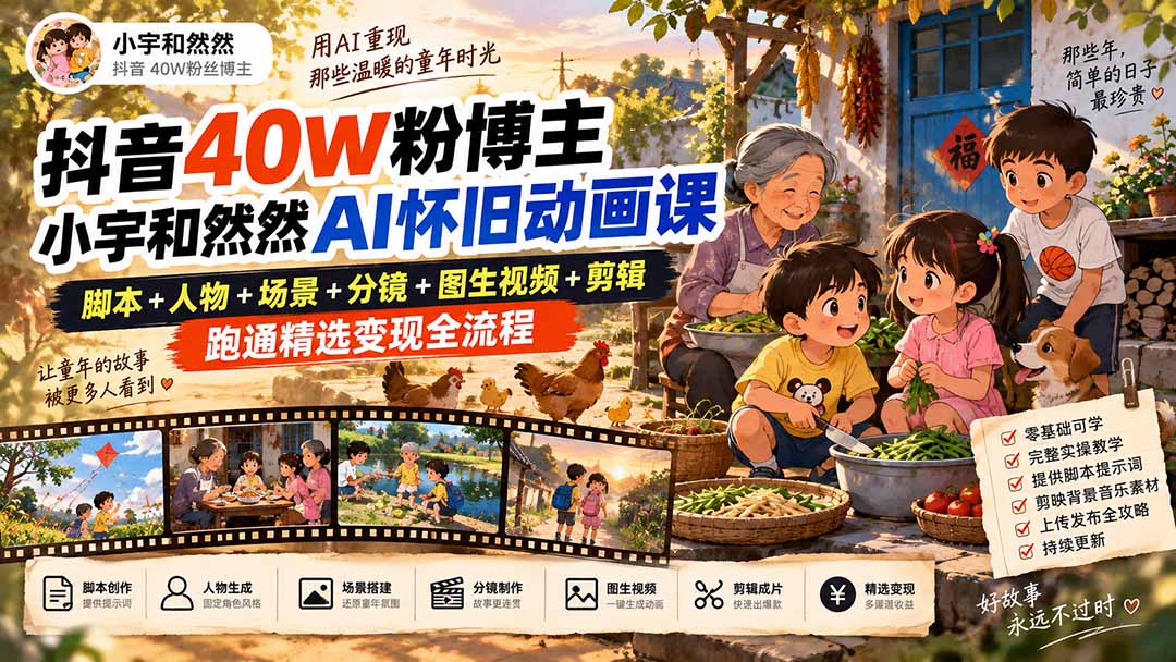 抖音40W粉博主小宇和然然AI怀旧动画课｜脚本+人物+场景+分镜+图生视频+剪辑，跑通精选变现全流程-资源后花园