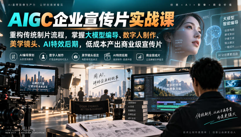 AIGC企业宣传片实战课，重构传统制片流程，掌握大模型编导、数字人制作、美学镜头、AI特效后期，低成本产出商业级宣传片-资源后花园