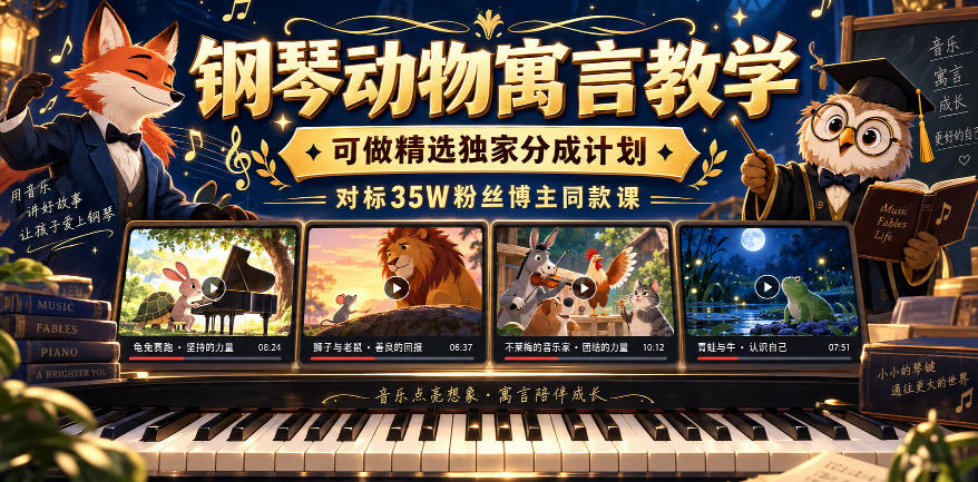 钢琴动物寓言教学，可做精选独家分成计划，对标35W粉丝博主同款课-资源后花园