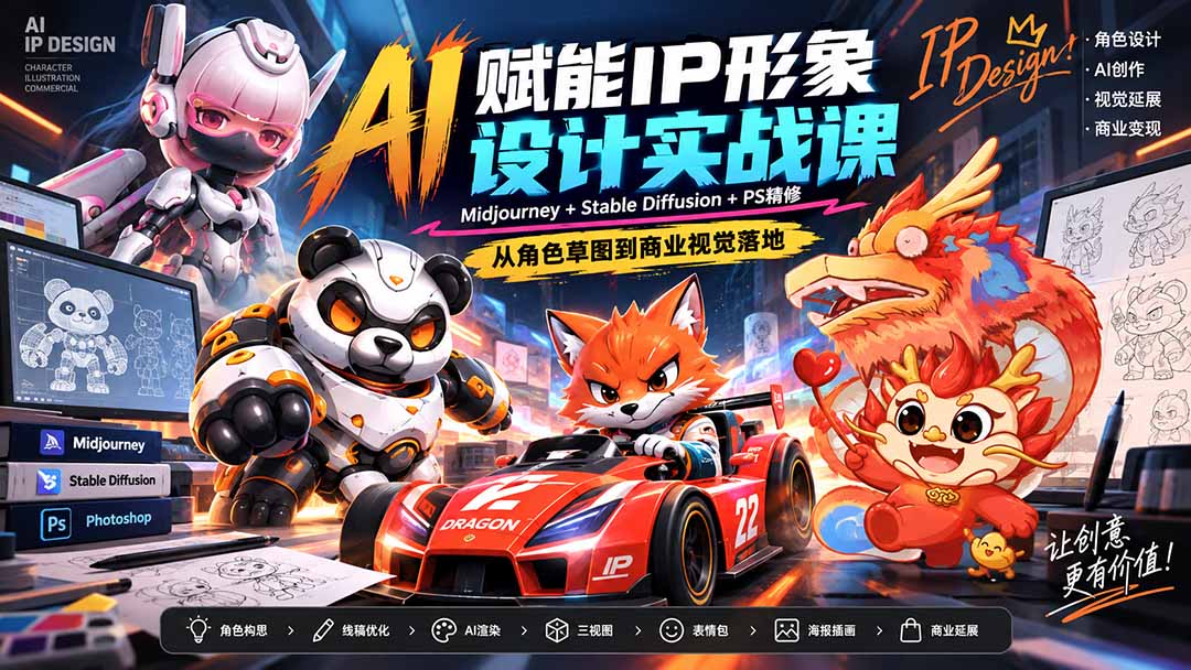 AI赋能IP形象设计实战课-无水印：Midjourney+Stable Diffusion+PS精修，从角色草图到商业视觉落地
