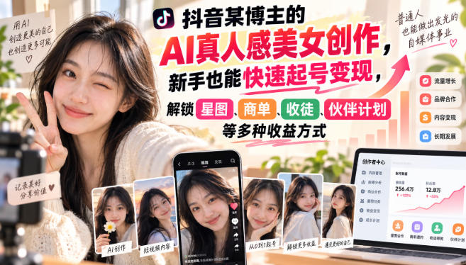 抖音某博主的AI真人感美女创作，新手也能快速起号变现，解锁星图，商单，收徒，伙伴计划等多种收益方式-资源后花园