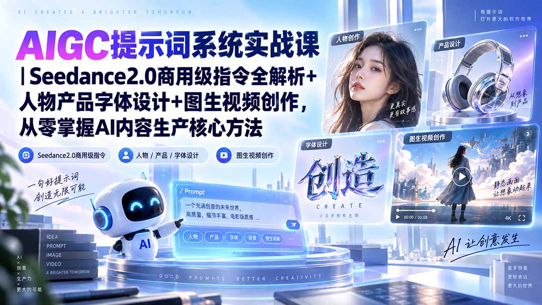 AIGC提示词系统实战课-无水印｜Seedance2.0商用级指令全解析+人物产品字体设计+图生视频创作，掌握AI内容生产方法-资源后花园
