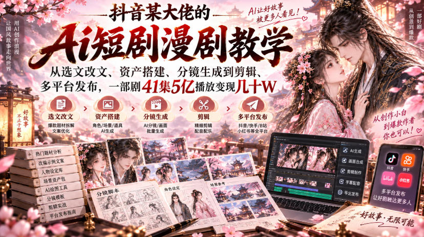 抖音某大佬的Ai短剧漫剧教学，从选文改文、资产搭建、分镜生成到剪辑、多平台发布，一部剧41集5亿播放变现几十W-资源后花园
