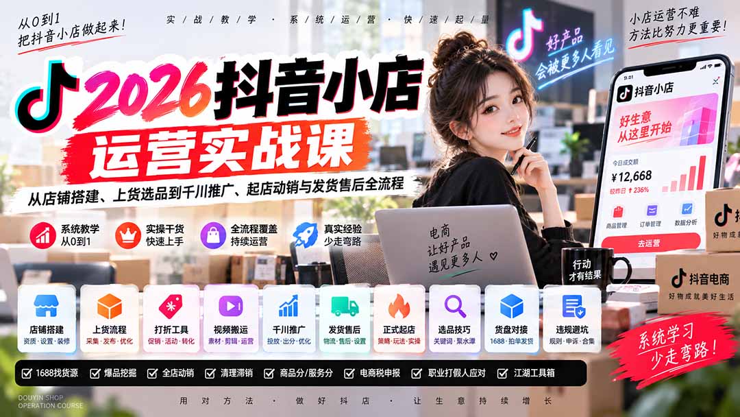 2026抖音小店运营实战课｜从店铺搭建、上货选品到千川推广、起店动销与发货售后全流程-资源后花园