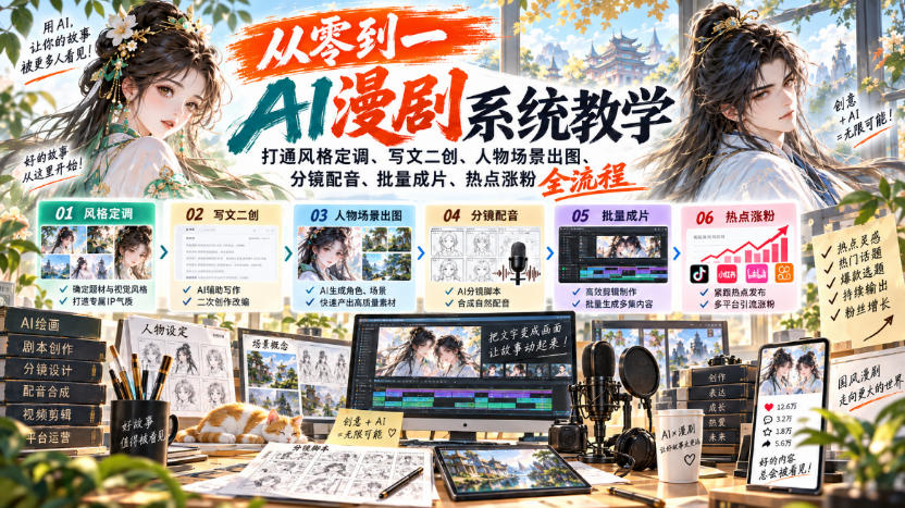 从零到一AI漫剧系统教学，打通风格定调、写文二创、人物场景出图、分镜配音、批量成片、热点涨粉全流程-资源后花园