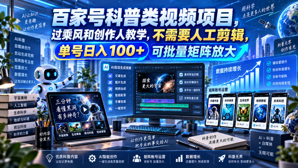 百家号科普类视频项目，过乘风和创作人教学，不需要人工剪辑，单号日入100+可批量矩阵放大-资源后花园