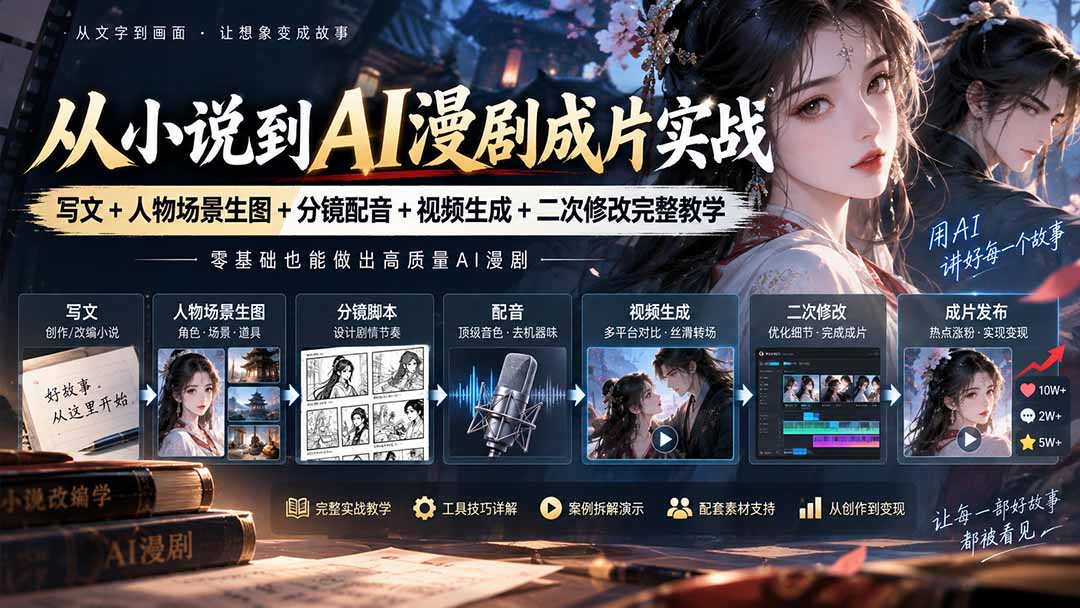 从小说到AI漫剧成片实战：写文+人物场景生图+分镜配音+视频生成+二次修改完整教学-资源后花园