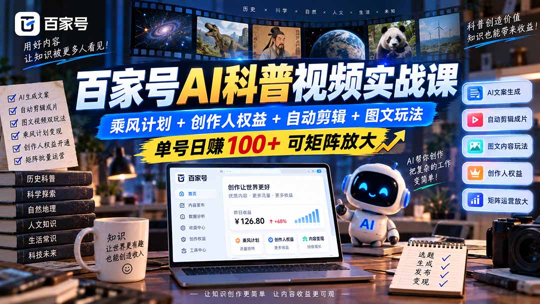 百家号AI科普视频实战课：乘风计划+创作人权益+自动剪辑+图文玩法，单号日赚100+可矩阵放大-资源后花园