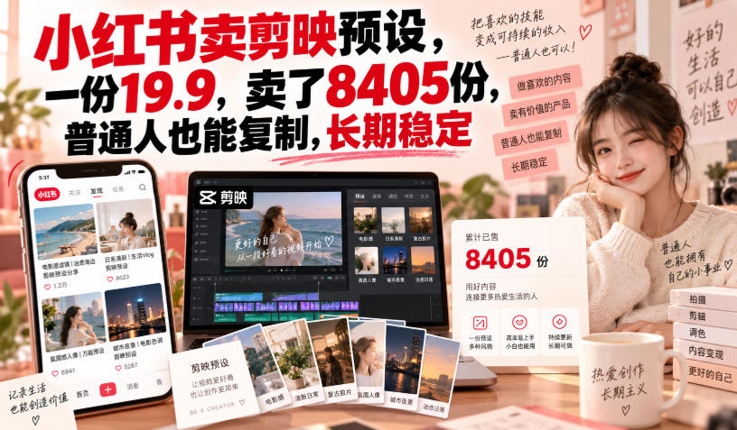 小红书卖剪映预设，一份19.9，卖了8405份，普通人也能复制，长期稳定-资源后花园