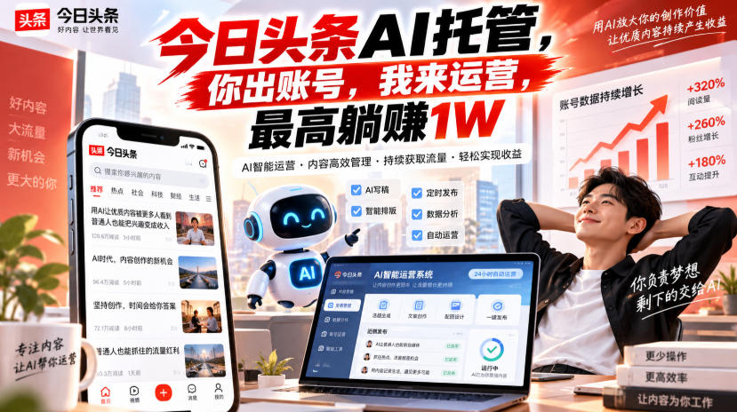 今日头条AI托管，你出账号，我来运营，最高躺賺1W【揭秘】-资源后花园