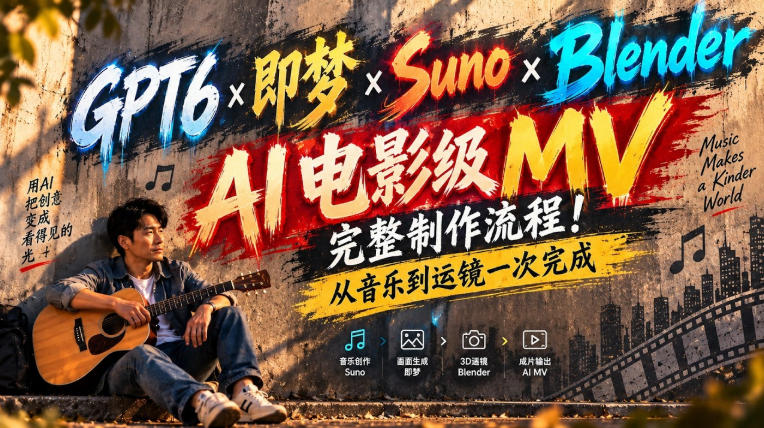 GPT6×即梦×Suno×Blender｜AI电影级MV完整制作流程！从音乐到运镜一次完成！-资源后花园
