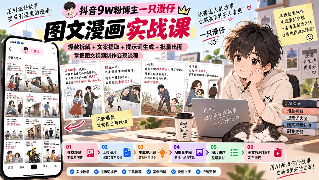 抖音9W粉博主一只漫仔图文漫画课：爆款拆解+文案提取+提示词生成+批量出图，掌握图文视频制作变现流程-资源后花园