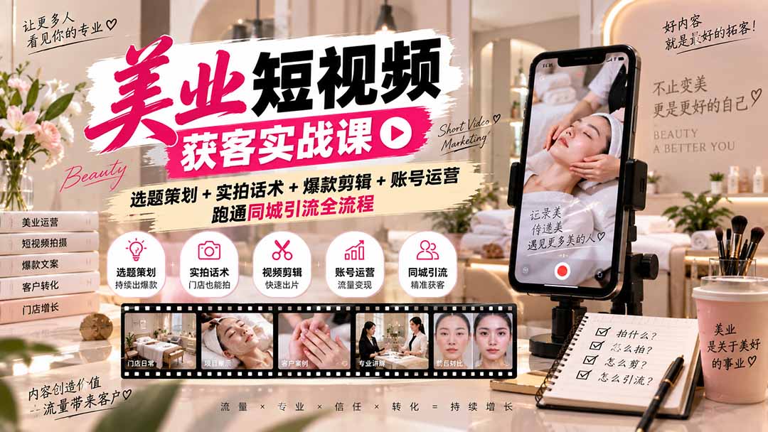 美业短视频获客实战课-无水印：选题策划+实拍话术+爆款剪辑+账号运营，跑通同城引流全流程-资源后花园