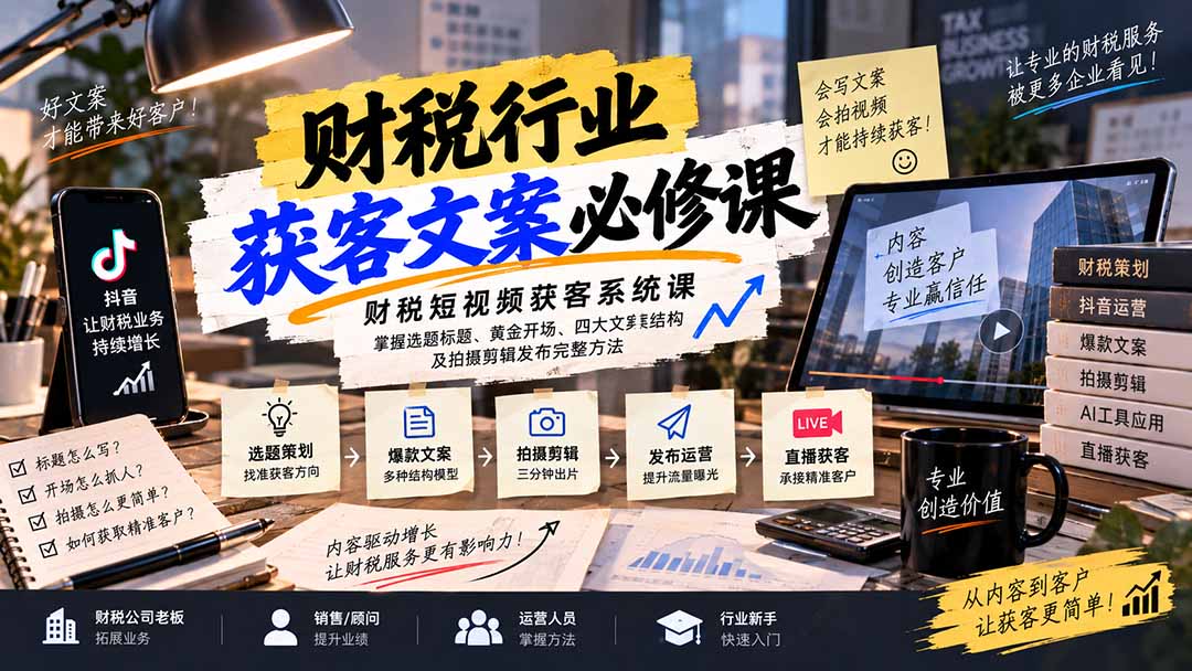 财税短视频获客系统课：掌握选题标题、黄金开场、四大文案结构及拍摄剪辑发布完整方法-资源后花园