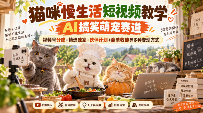 猫咪慢生活短视频教学，AI搞笑萌宠赛道，视频号分成+精选独家+伙伴计划+商单收徒等多种变现方式-资源后花园