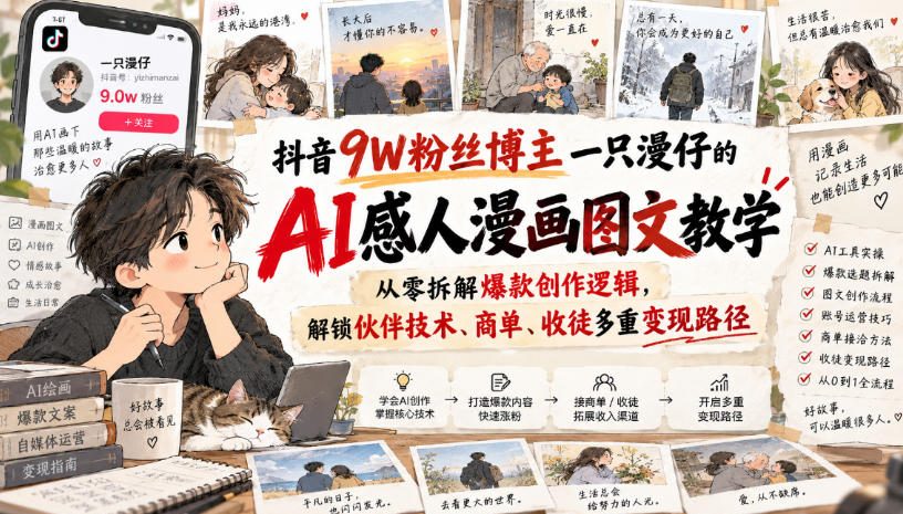 抖音9W粉丝博主一只漫仔的AI感人漫画图文教学，从零拆解爆款创作逻辑，解锁伙伴技术、商单、收徒多重变现路径-资源后花园