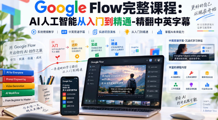 【无水印】Google Flow完整课程：AI人工智能从入门到精通-精翻中英字幕-资源后花园