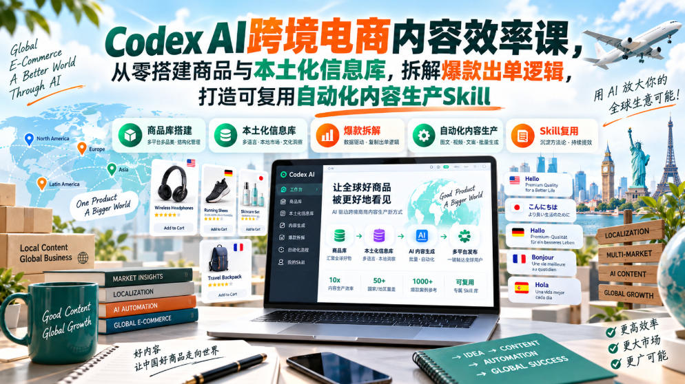 Codex AI跨境电商内容效率课，从零搭建商品与本土化信息库，拆解爆款出单逻辑，打造可复用自动化内容生产Skill-资源后花园