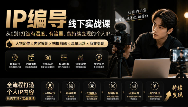 【无水印】IP编导线下实战课，从人物定位到短视频拍摄剪辑，全流程打造有温度、有流量、能持续变现的个人IP内容-资源后花园