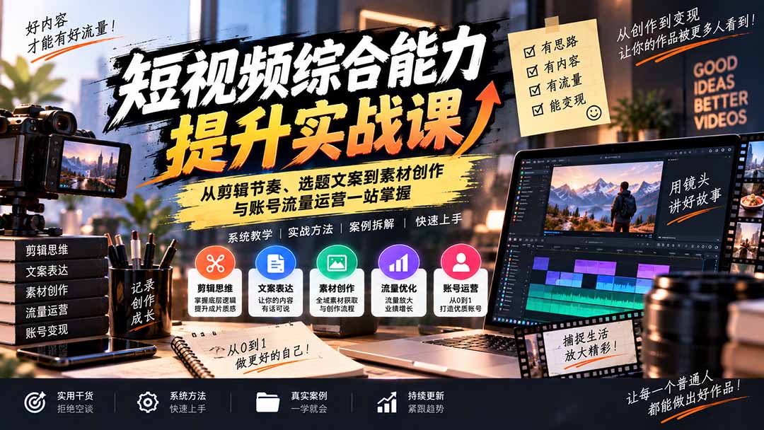 短视频综合能力提升实战课：从剪辑节奏、选题文案到素材创作与账号流量运营一站掌握-资源后花园