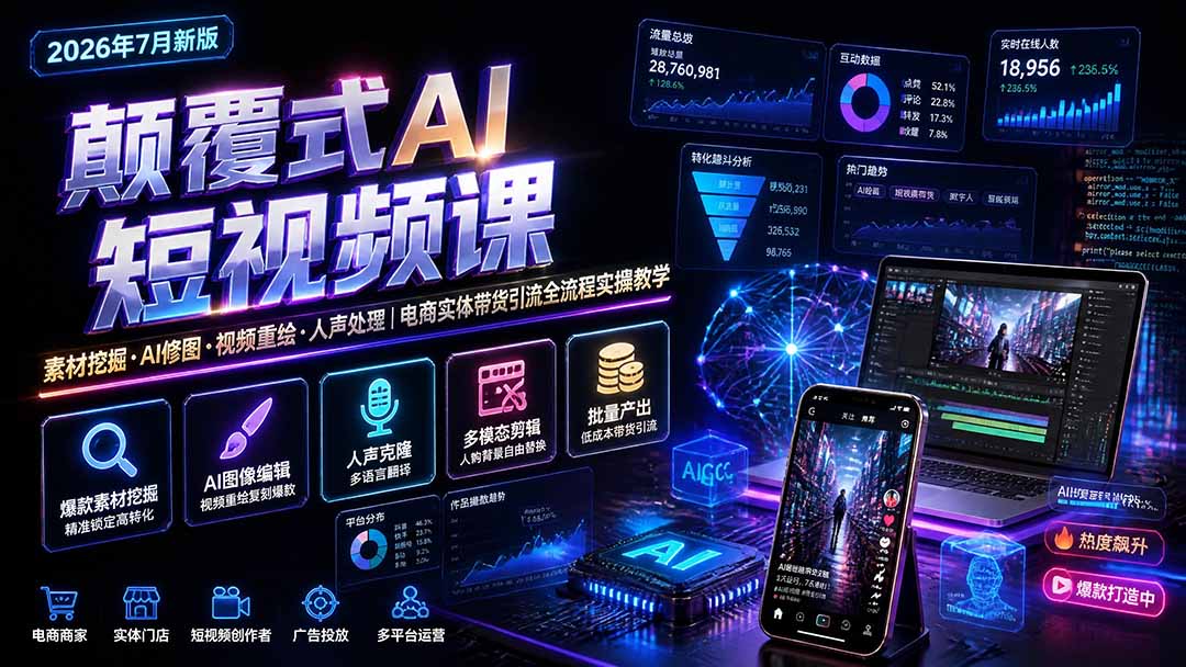 颠覆式AI短视频课-更新｜素材挖掘，AI修图，视频重绘，人声处理｜电商实体带货引流全流程实操教学-资源后花园
