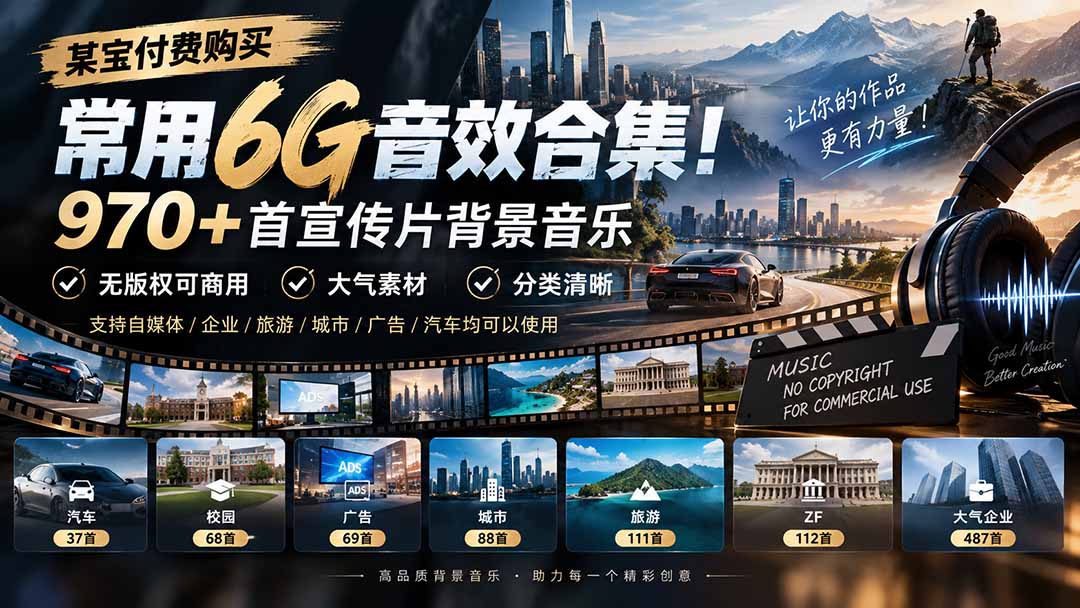 某宝付费购买，常用6G音效合集！970+首宣传片背景音乐，无版权可商用大气素材，分类清晰-资源后花园