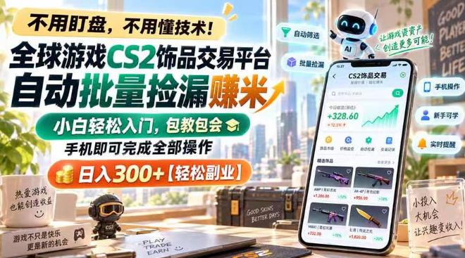 全球游戏CS2饰品交易平台自动批量捡漏賺米，小白轻松入门，包教包会，手机即可完成全部操作，日入300+【揭秘】-资源后花园