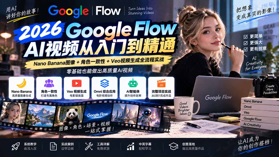 【无水印】Google Flow AI视频从入门到精通：Nano Banana图像+角色一致性+Veo视频生成全流程实战-精翻中英字幕-资源后花园