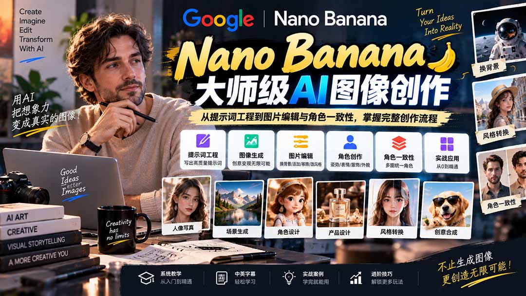 【无水印】Nano Banana大师级AI图像实战课：从提示词工程到图片编辑与角色一致性，掌握完整创作流程-资源后花园