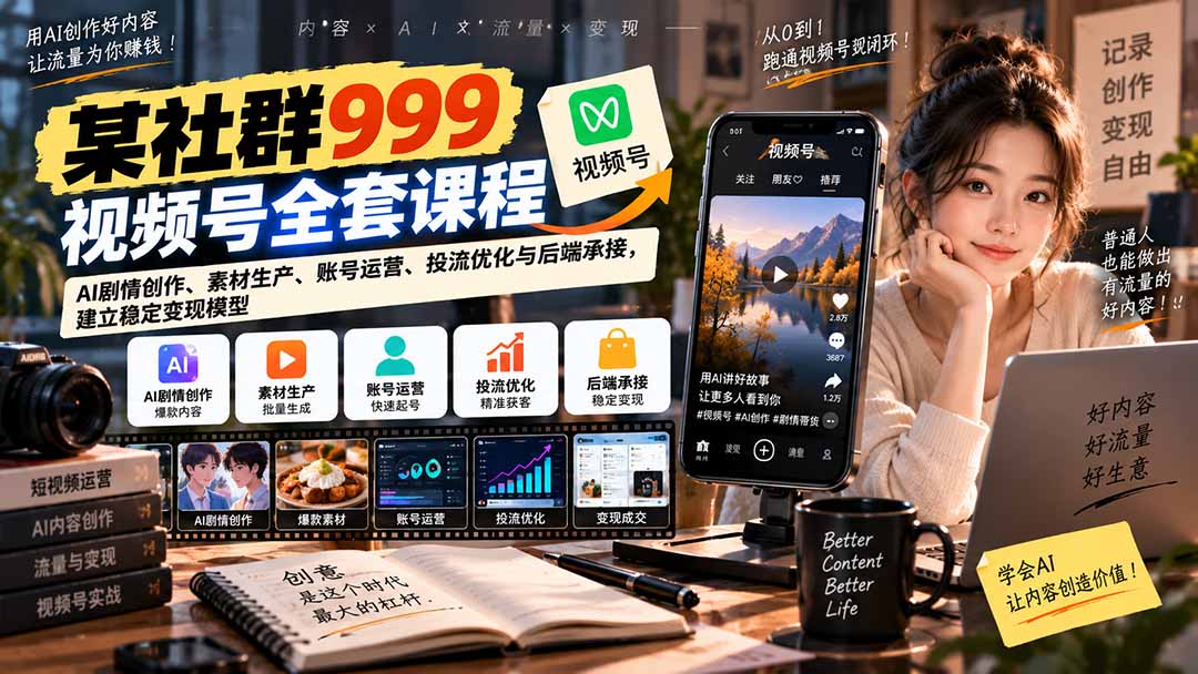 【无水印】某社群999视频号全套课程：AI剧情创作、素材生产、账号运营、投流优化与后端承接，建立稳定变现模型-资源后花园