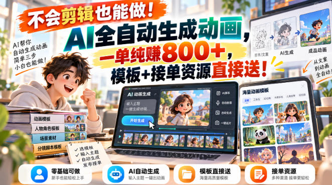 不会剪辑也能做！AI全自动生成动画，一单纯賺800+，模板+接单资源直接送！【揭秘】-资源后花园