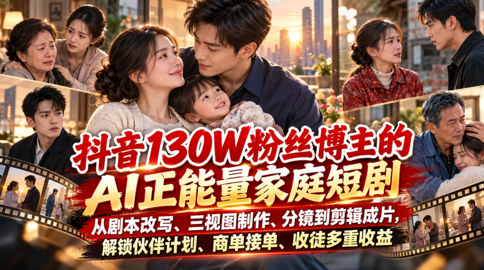 抖音130W粉丝博主的AI正能量家庭短剧，从剧本改写、三视图制作、分镜到剪辑成片，解锁伙伴计划、商单接单、收徒多重收益-资源后花园
