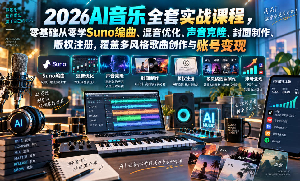 2026AI音乐实战课程，零基础从零学Suno编曲、混音优化、声音克隆、版权注册，覆盖多风格歌曲创作与账号变现(更新0924)-资源后花园