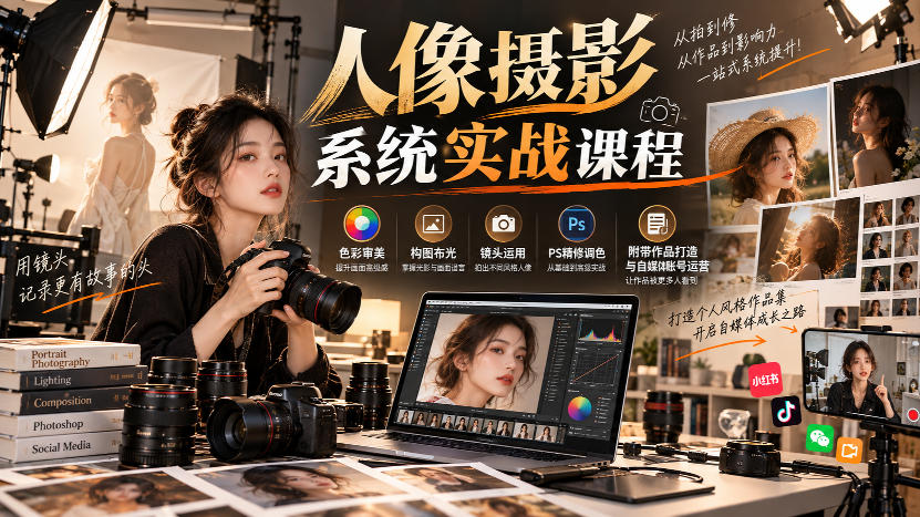 【无水印】人像摄影系统实战课程，色彩审美、构图布光、镜头运用、PS精修调色，附带作品打造与自媒体账号运营-资源后花园