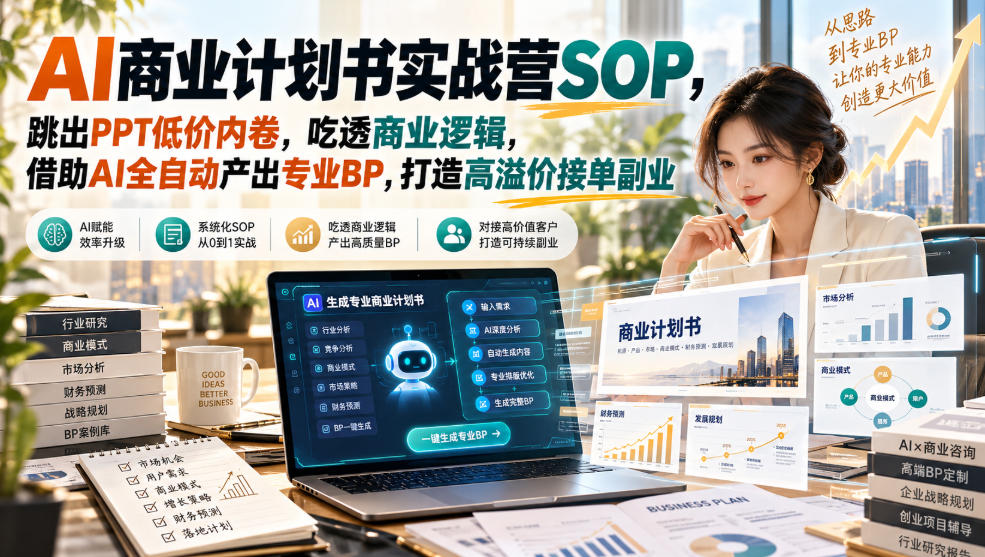 AI商业计划书实战营SOP，跳出PPT低价内卷，吃透商业逻辑，借助AI全自动产出专业BP，打造高溢价接单副业-资源后花园